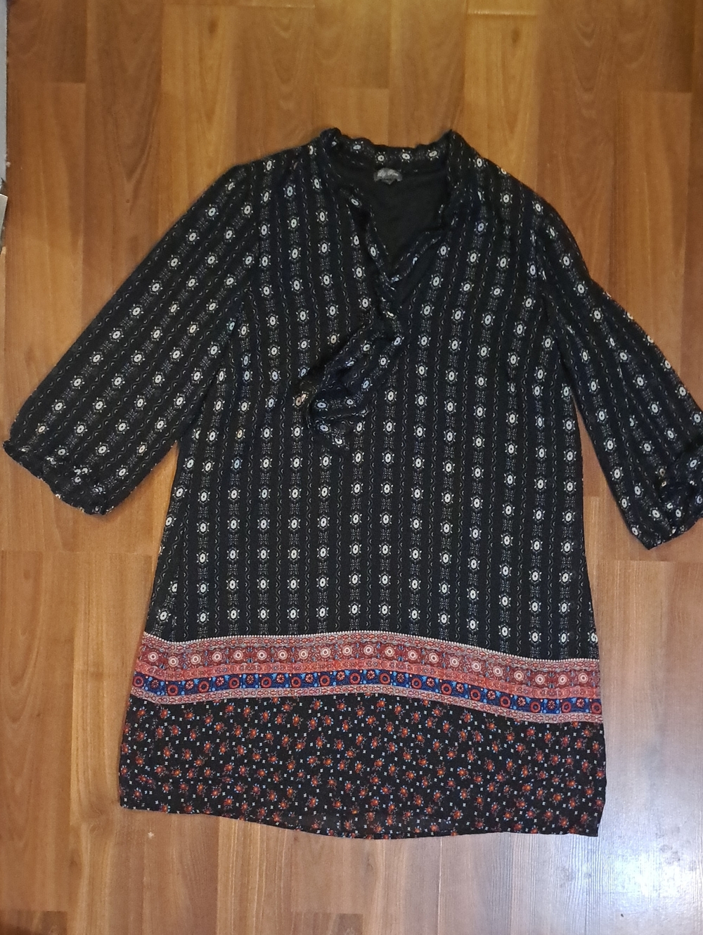 Lily Rose Black Printed Tie-Neck Tunic with Red & Blue Hem